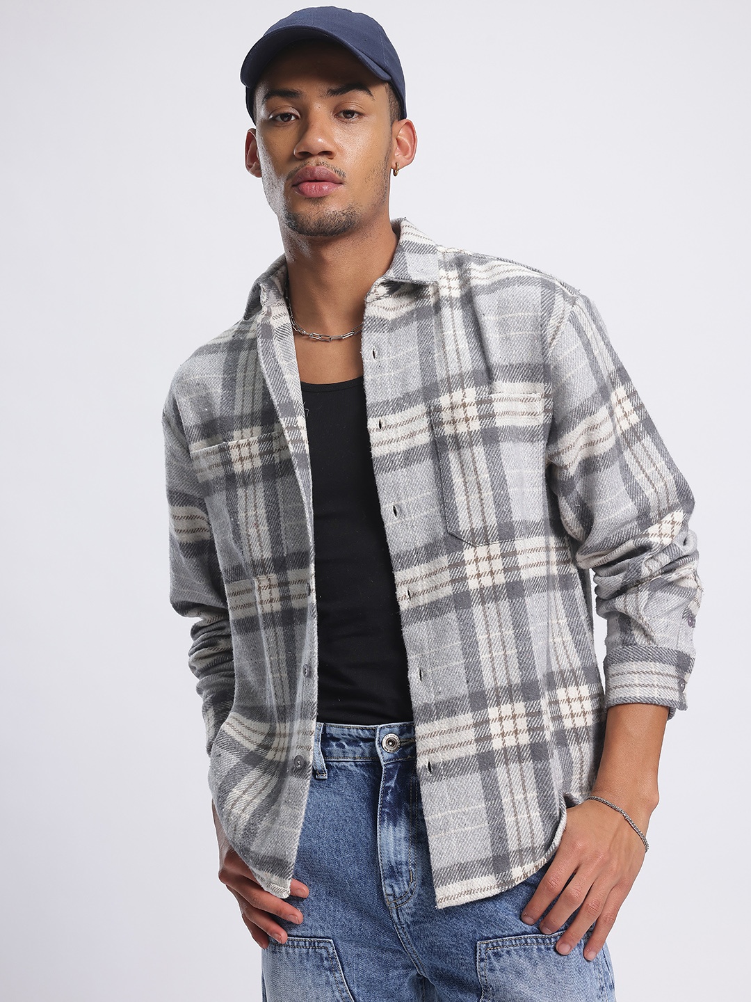 

glitchez Flannel Flex Plaid Checks Shacket, Grey
