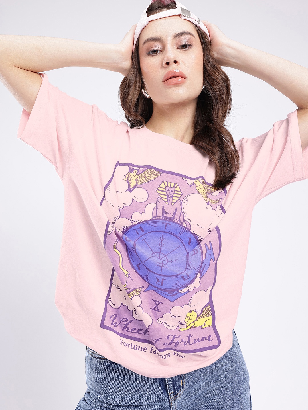 

glitchez Destiny Determined Oversized Graphic Printed T-shirt, Pink