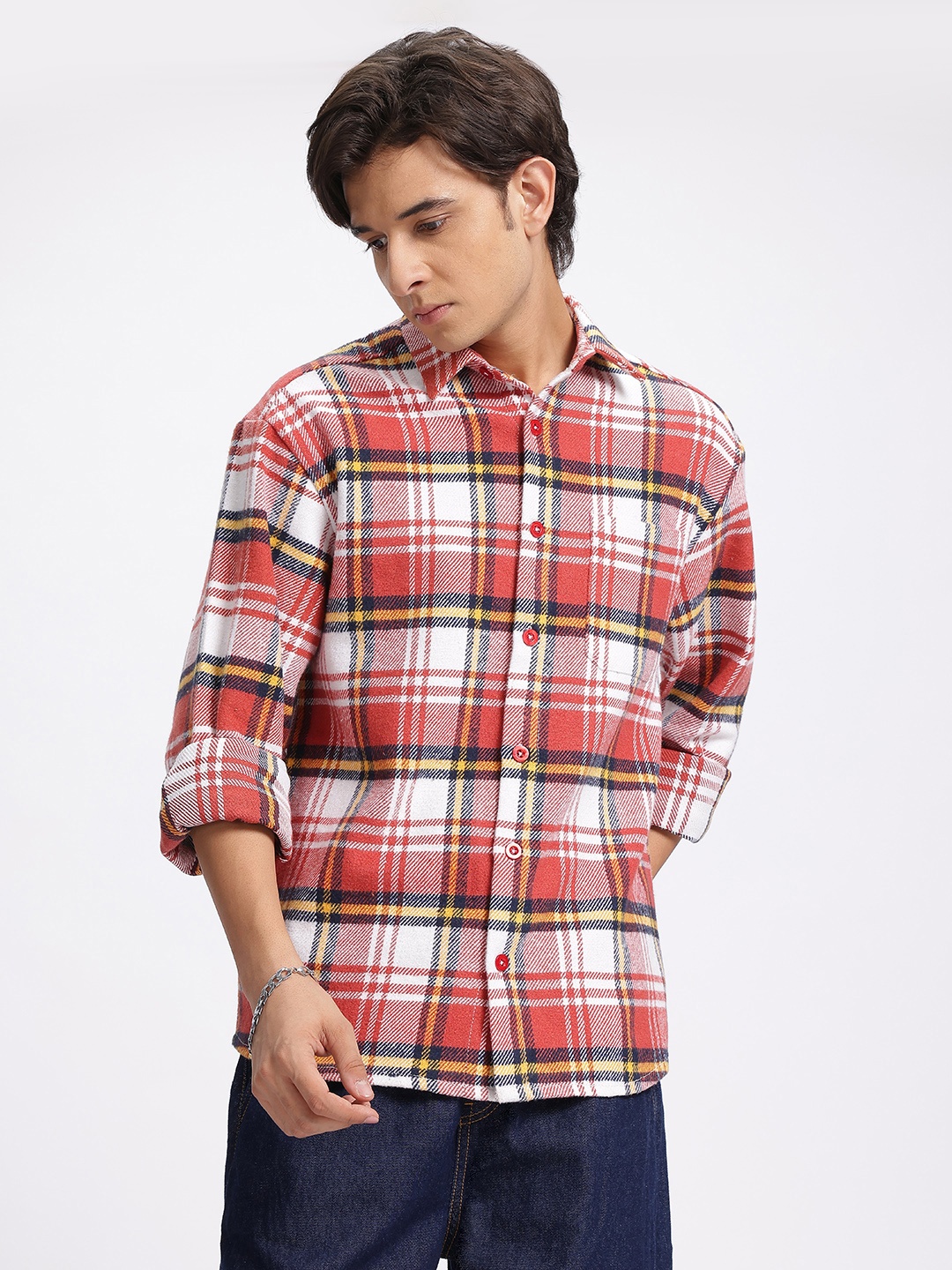 

glitchez Plaid Perfection Relaxed Flannel Shacket, Red