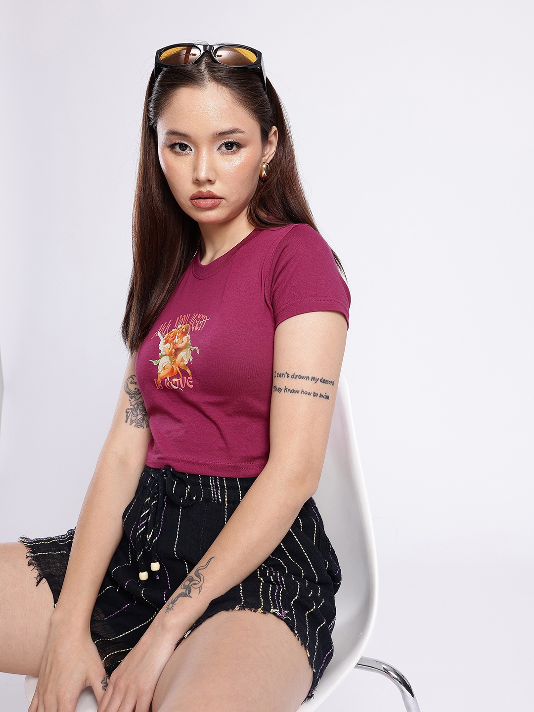 

glitchez Spread Love Printed Crop T-shirt, Magenta