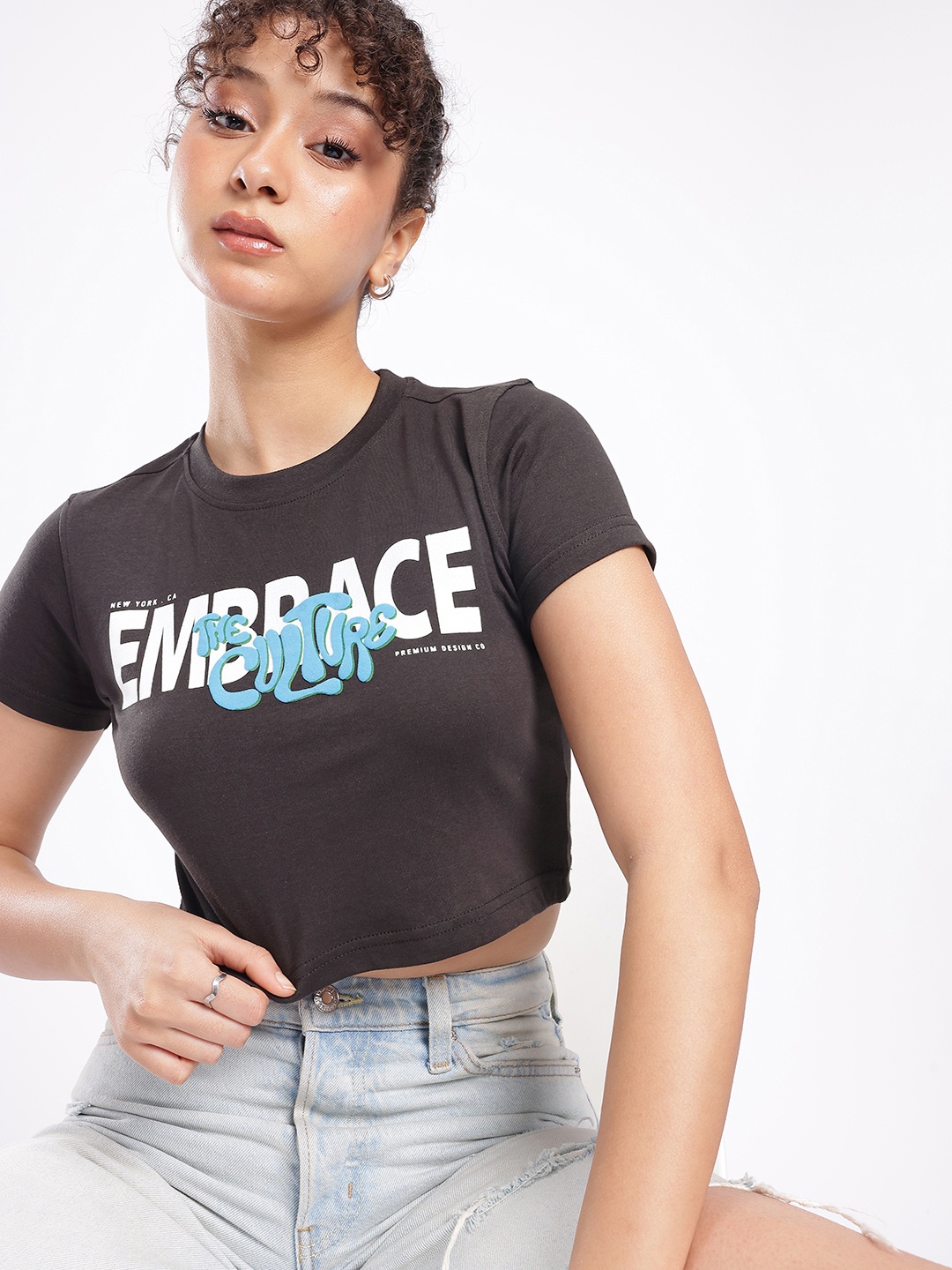 

glitchez Edgy Vibe Typography Printed Crop T-shirt, Charcoal
