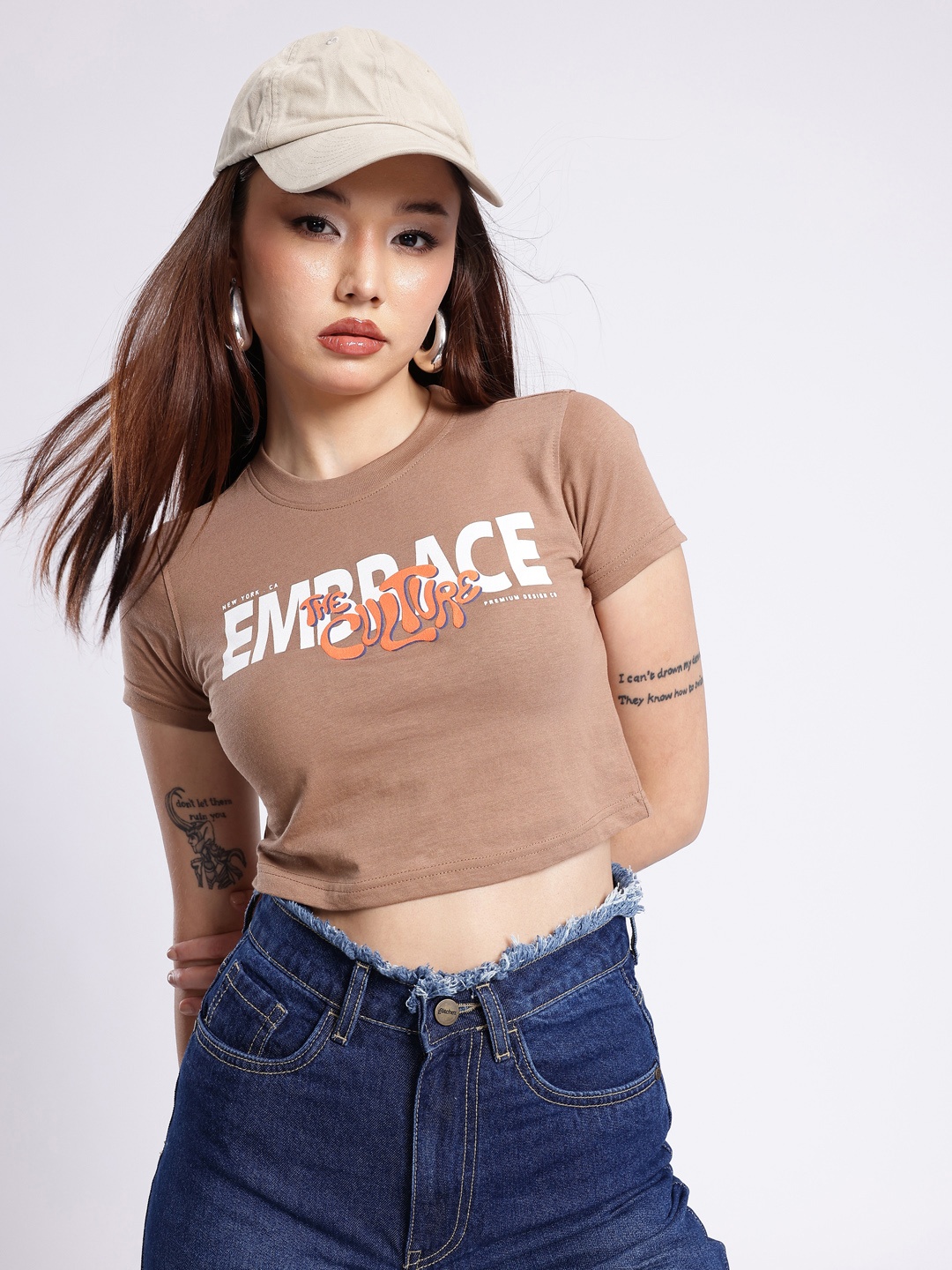 

glitchez Urban Energy Typography Printed Crop T-shirt, Brown