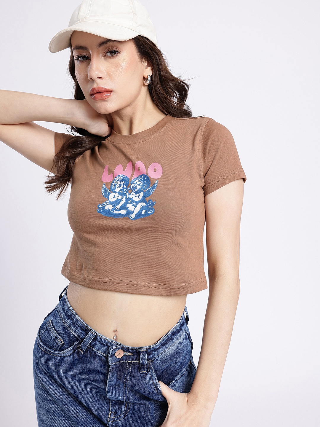 

glitchez LMAO Cool Printed Crop T-shirt, Brown