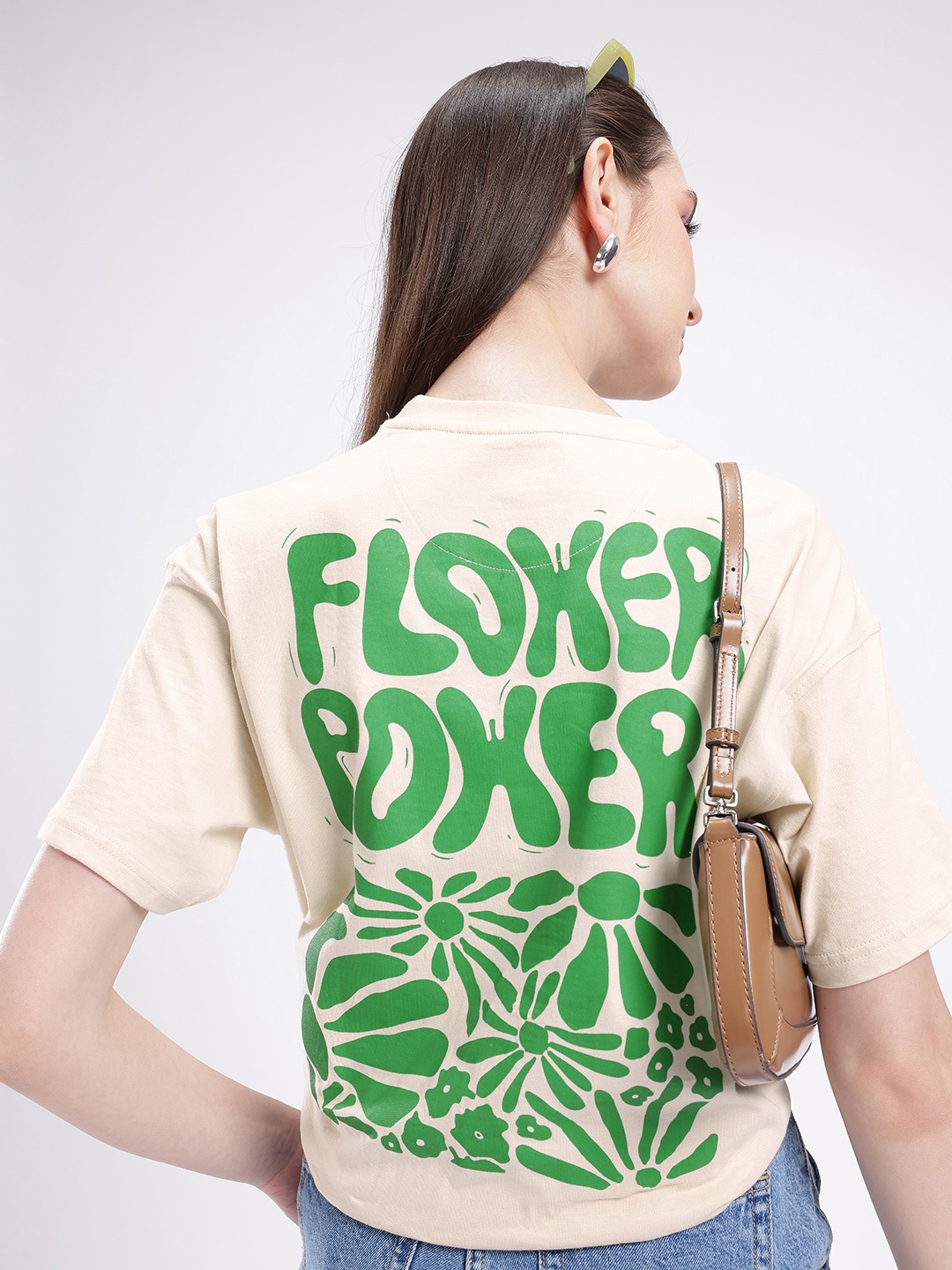 

glitchez Wildflower Oversized Typography Printed T-shirt, Beige