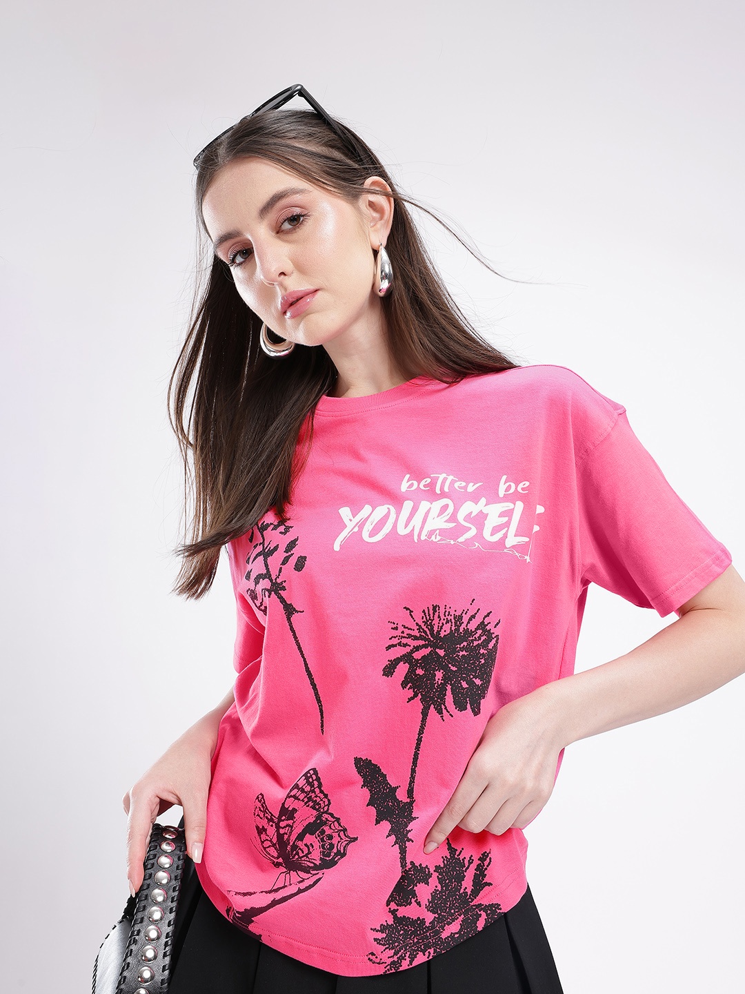 

glitchez Self-Love Energy Oversized Graphic Printed T-shirt, Pink