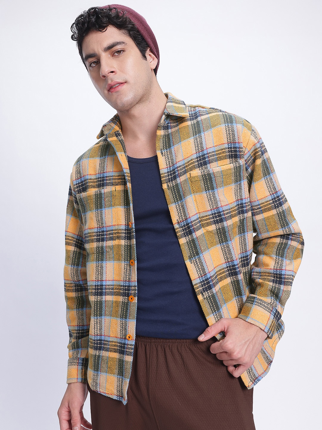 

glitchez Checked Chest Pocket Detail Flannel Shacket, Yellow