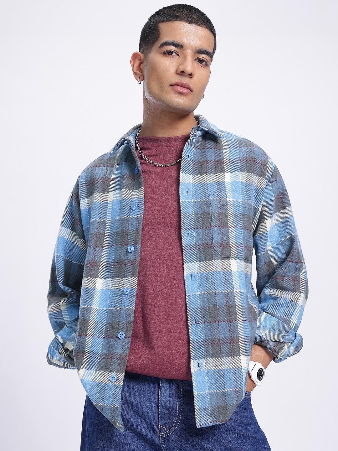 

glitchez Coastal Checks Chest Pocket Detail Flannel Shirt, Blue