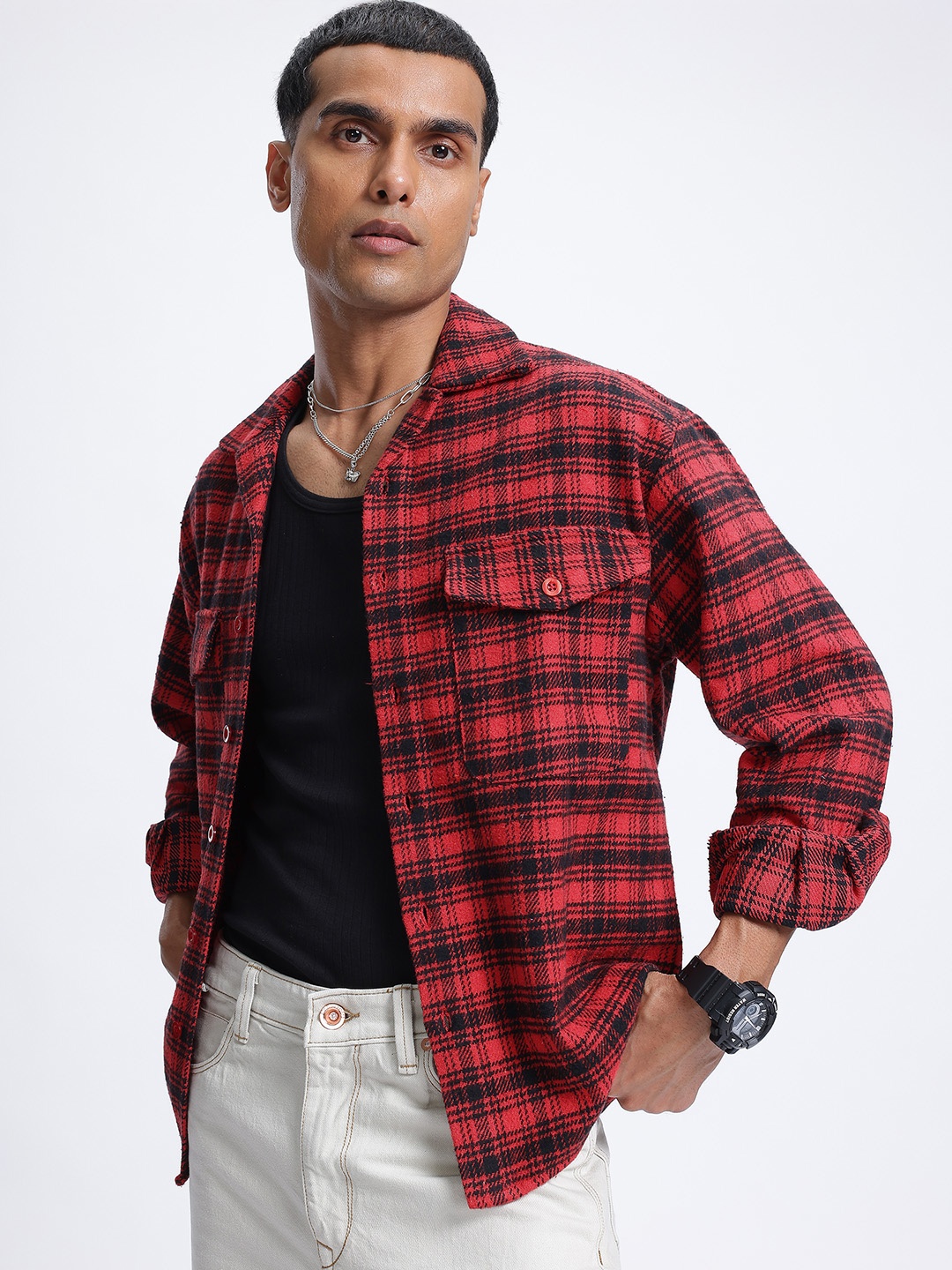 

glitchez Retro Revival Tartan Checks Opaque Checked Casual Shirt, Red
