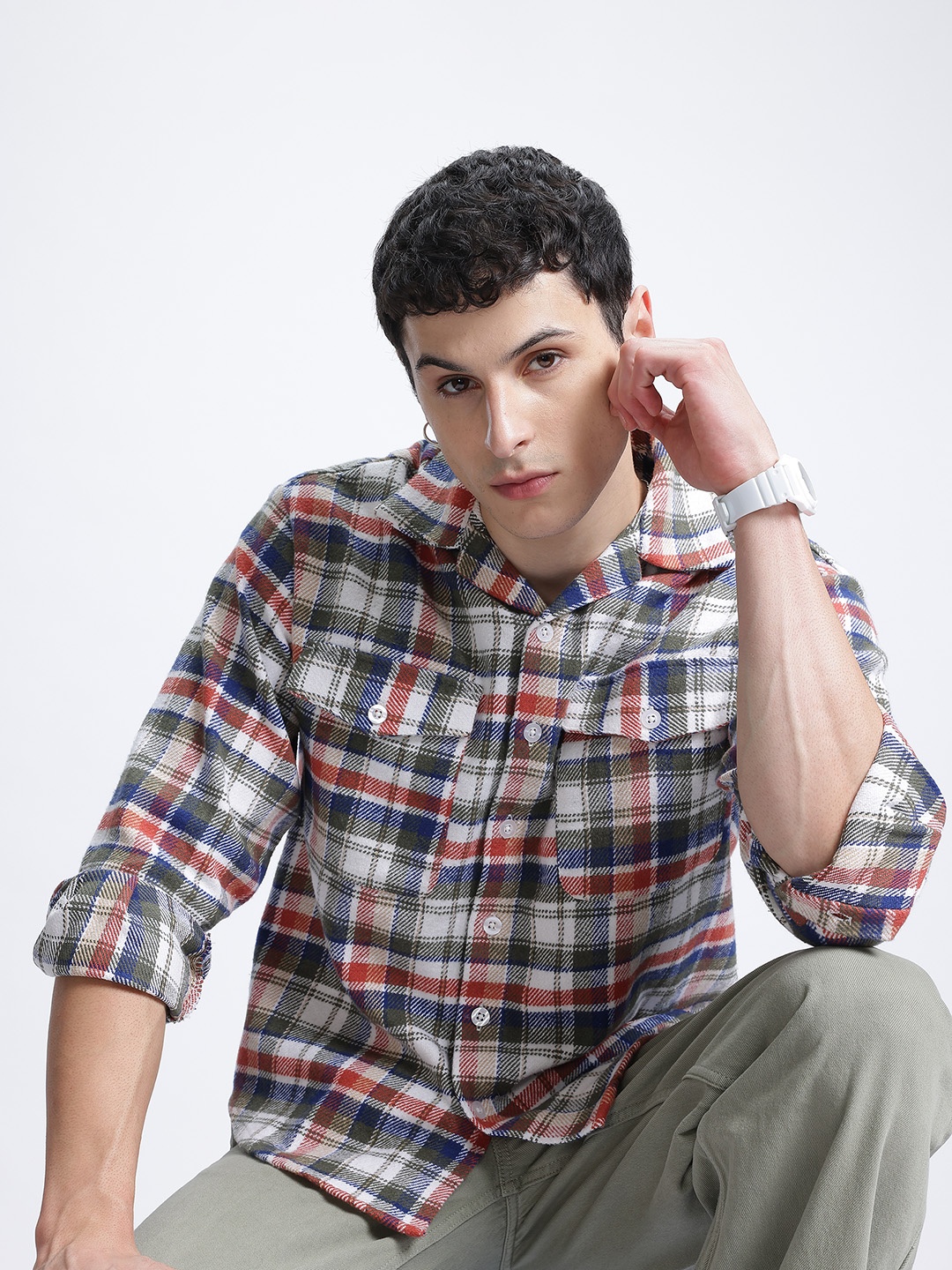 

glitchez Plaid Remix Tartan Checks Opaque Checked Casual Shirt, White