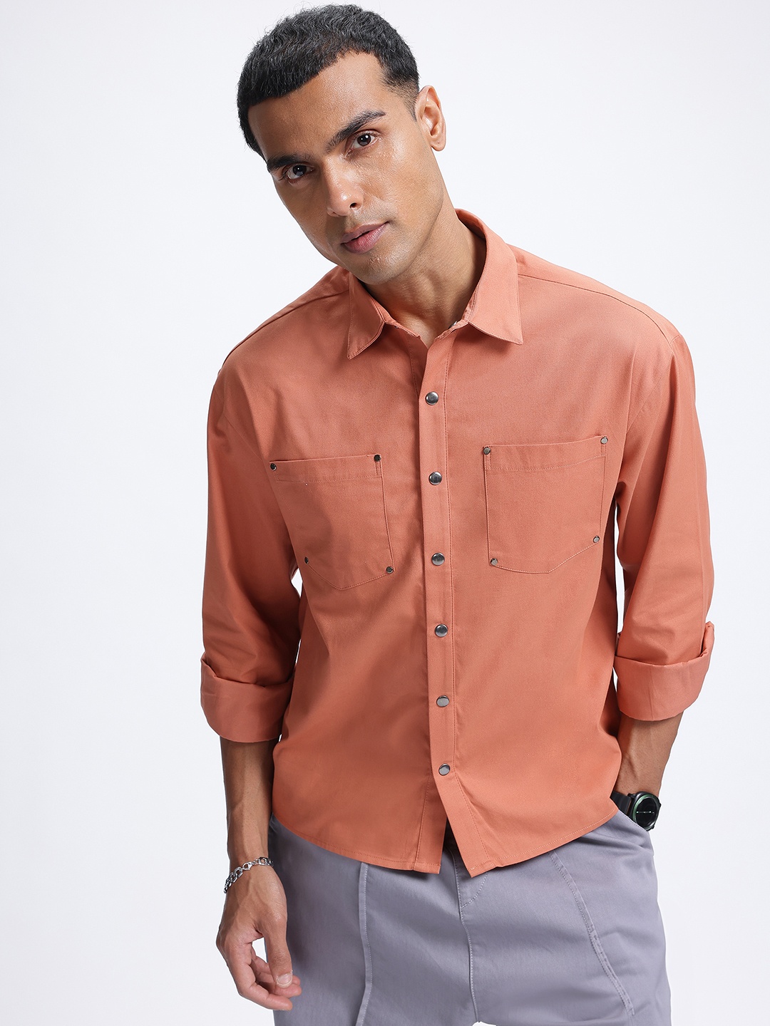 

glitchez Wardrobe Basics Rivet Detail Patch Pockets Shirt, Rust