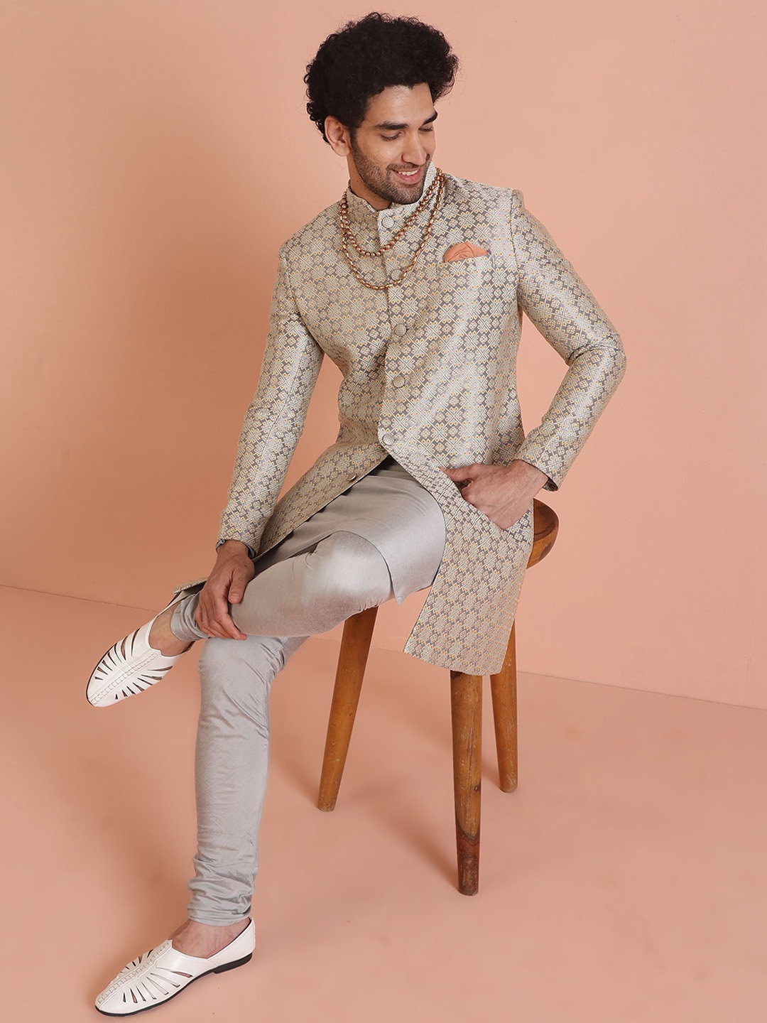 

KISAH Self Design Mandarin Collar Jacquard Indowestern Sherwani Churidar Set, Grey