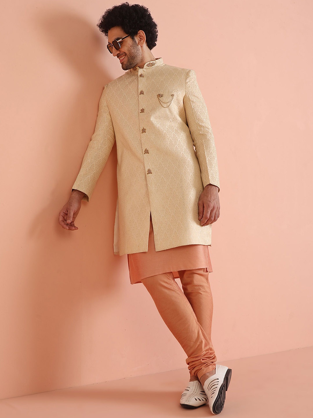 

KISAH Men Printed Kurta Indowestern Sherwani with Churidar Set, Cream