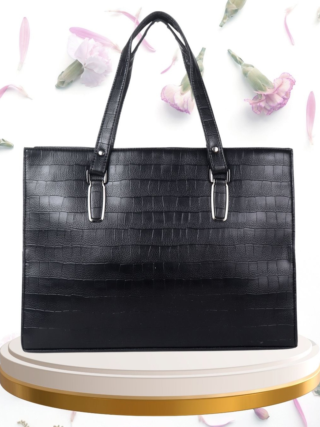 yelloe Women Textured Structured Leather Shoulder Bag, Black