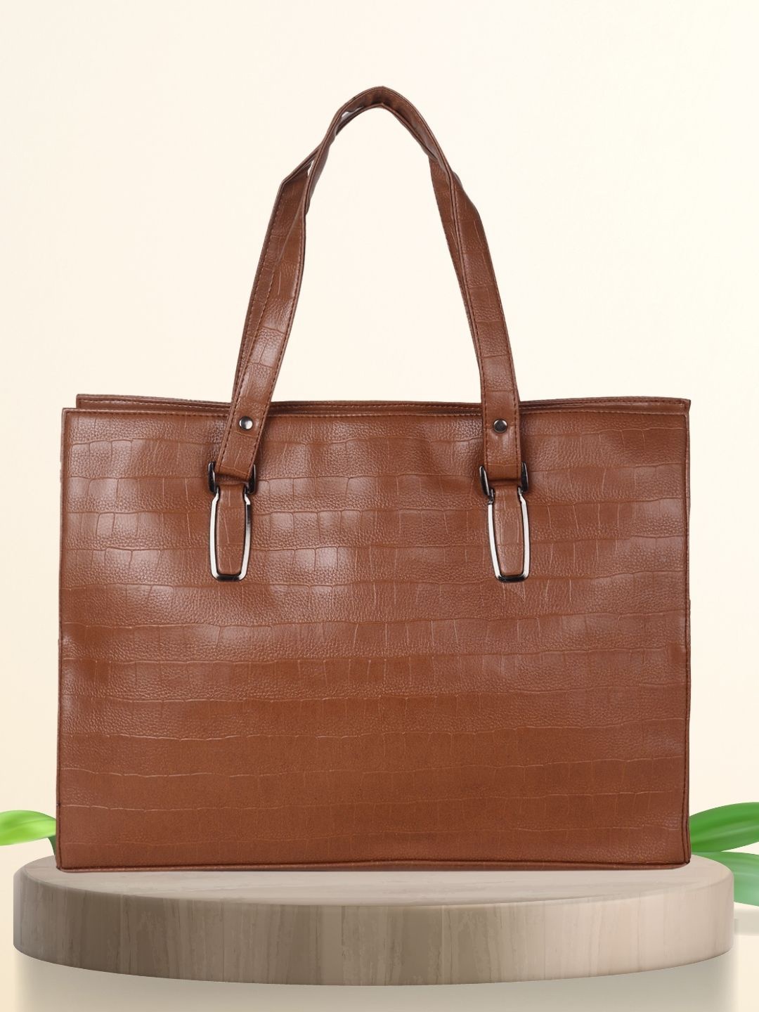 yelloe Women Textured Structured Leather Shoulder Bag, Brown