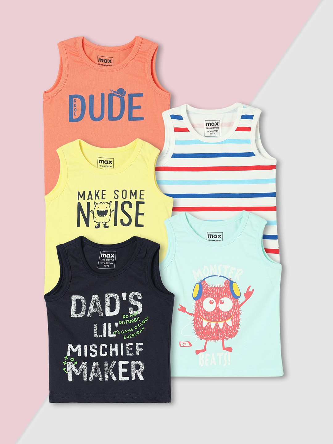 

max Boys Pack Of 5 Typography Printed Round Neck Cotton T-shirts, Peach