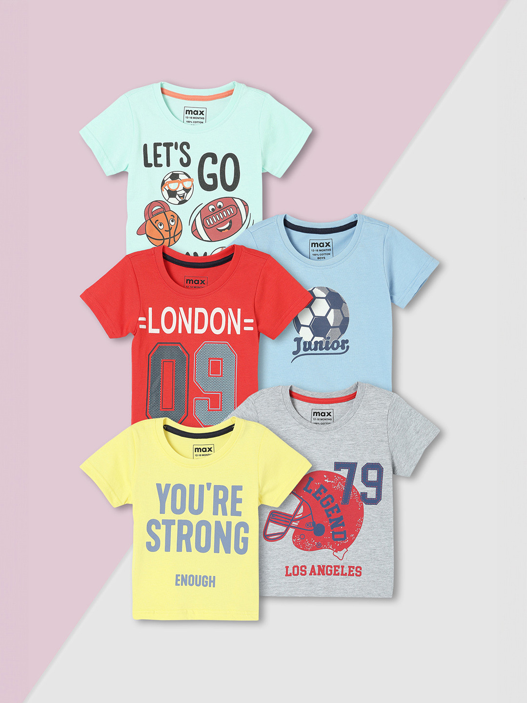 

Max Boys Pack of 5 Graphic Printed T-shirts, Multi