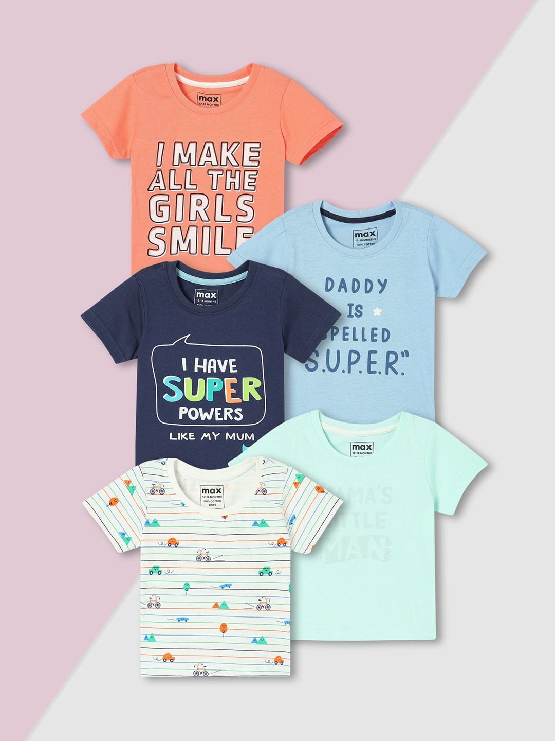 

max Boys Pack Of 5 Typography Printed Round Neck Cotton T-shirts, Peach