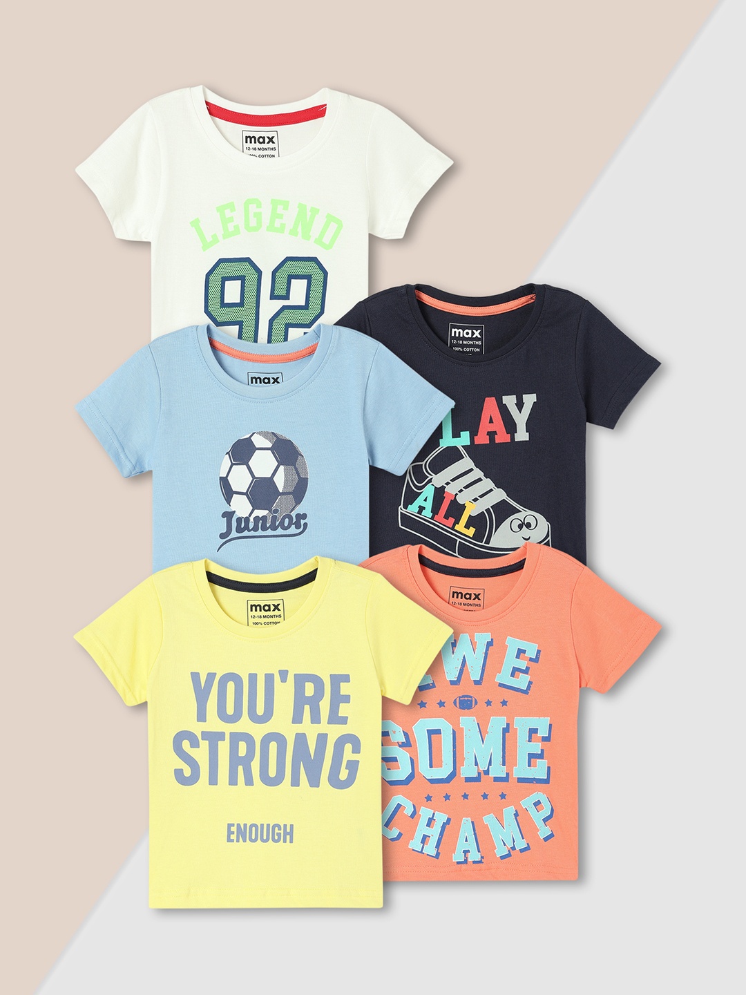 

max Boys Pack Of 5 Typography Printed Round Neck Cotton T-shirts, White