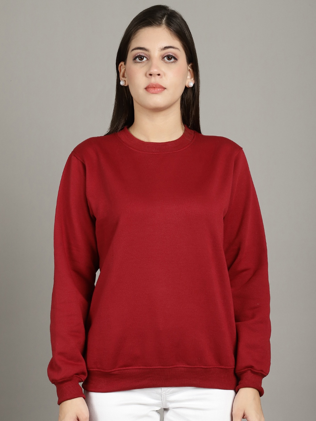 

Jinfo Women Round Neck Full Sleeve Sweatshirt, Maroon