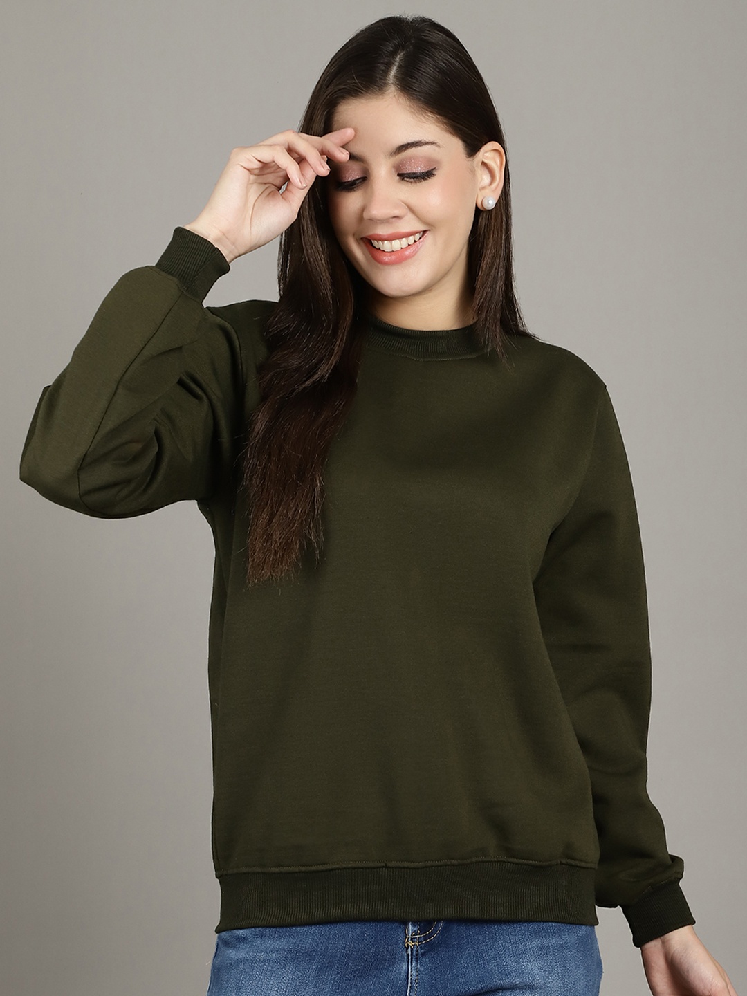 

Jinfo Women Round Neck Full Sleeve Sweatshirt, Green