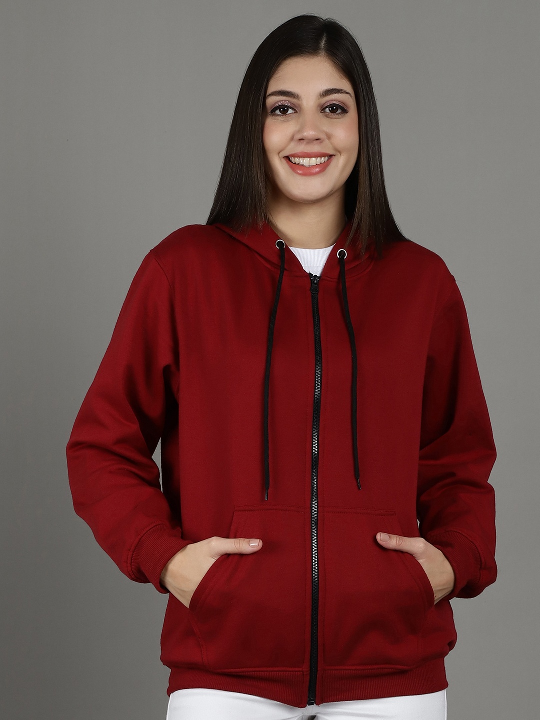 

Jinfo Women Solid Hooded Front-Open Sweatshirt, Maroon