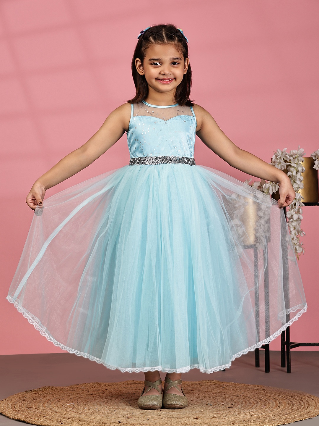 

Toy Balloon kids Girls Net Embellished Round Neck Sleeveless Fit & Flare Midi Dress, Pink