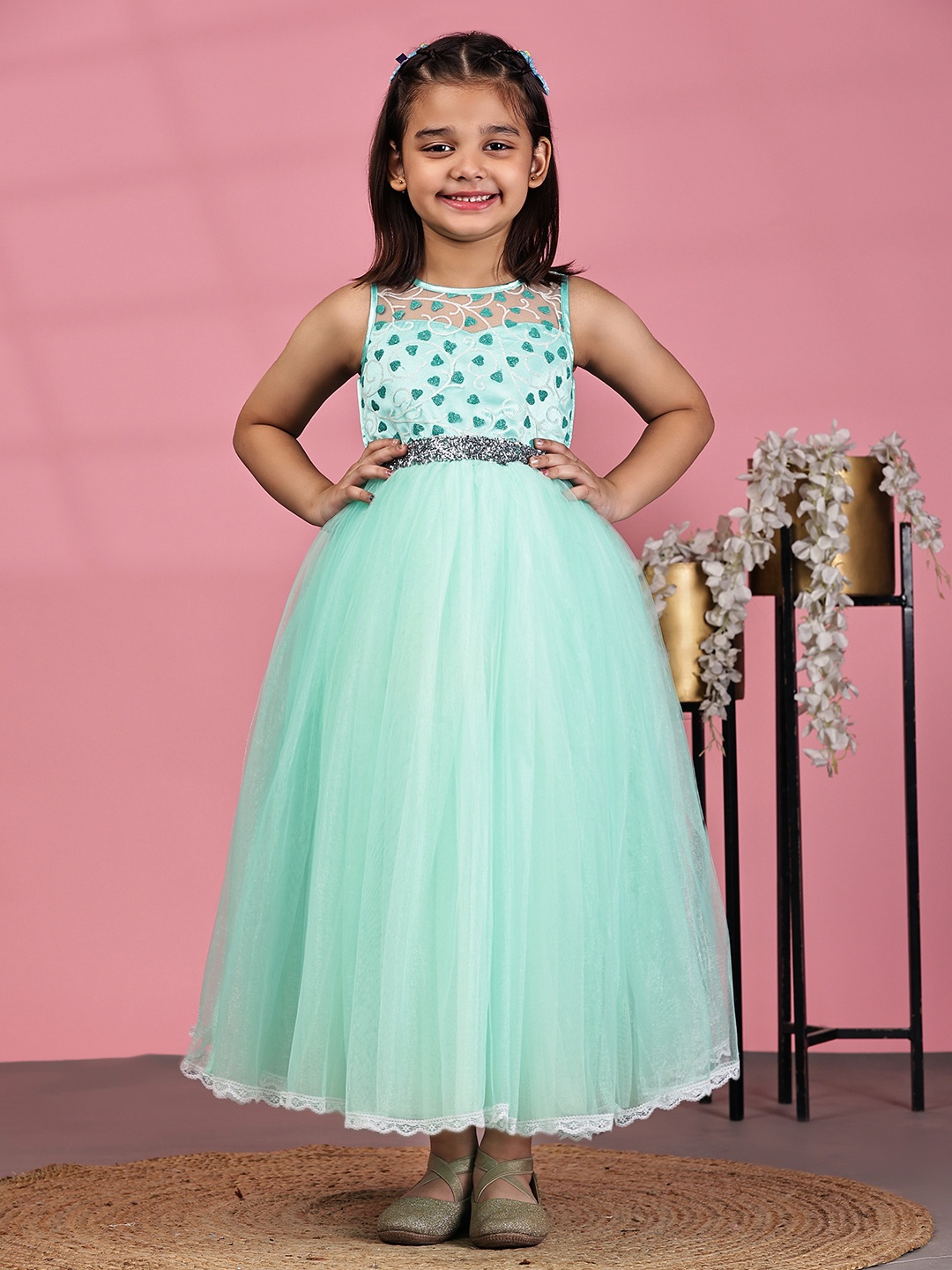 

Toy Balloon kids Girls Round Neck Applique Net Gown Dress, Green