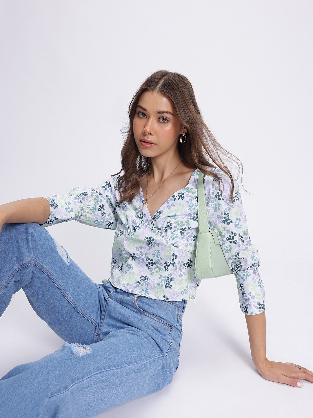 

glitchez Abstract Vibe Printed Empire Crop Top, Lavender