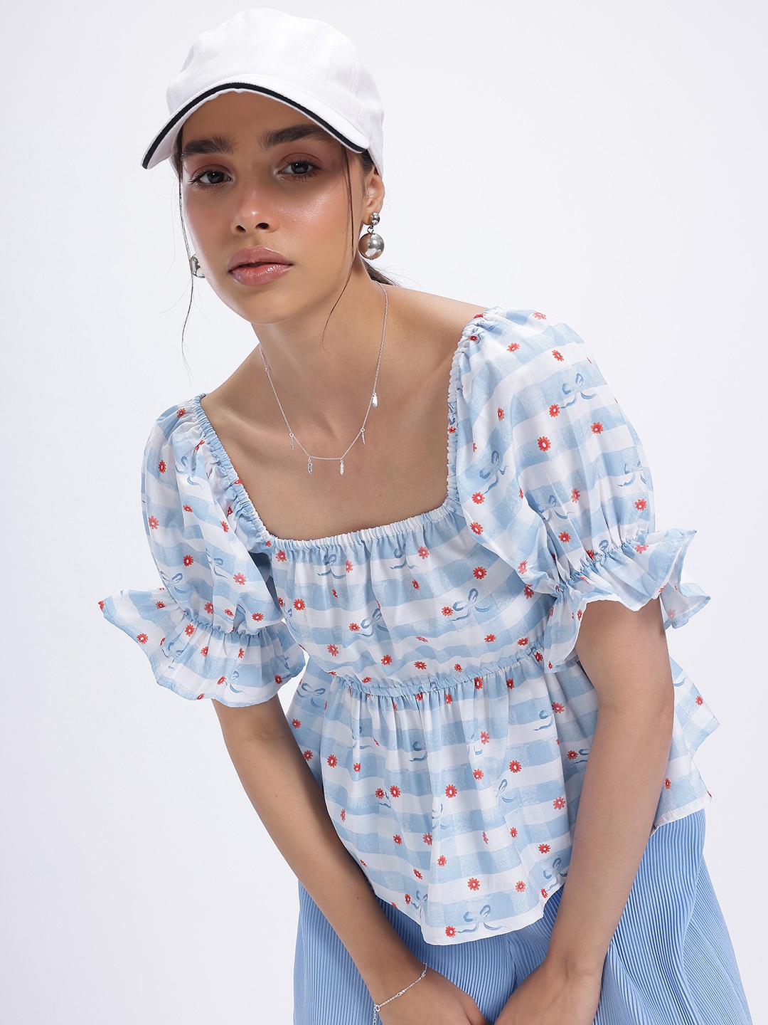 

glitchez Summer Daydream Puffed Ruffle Detailed Empire Top, White