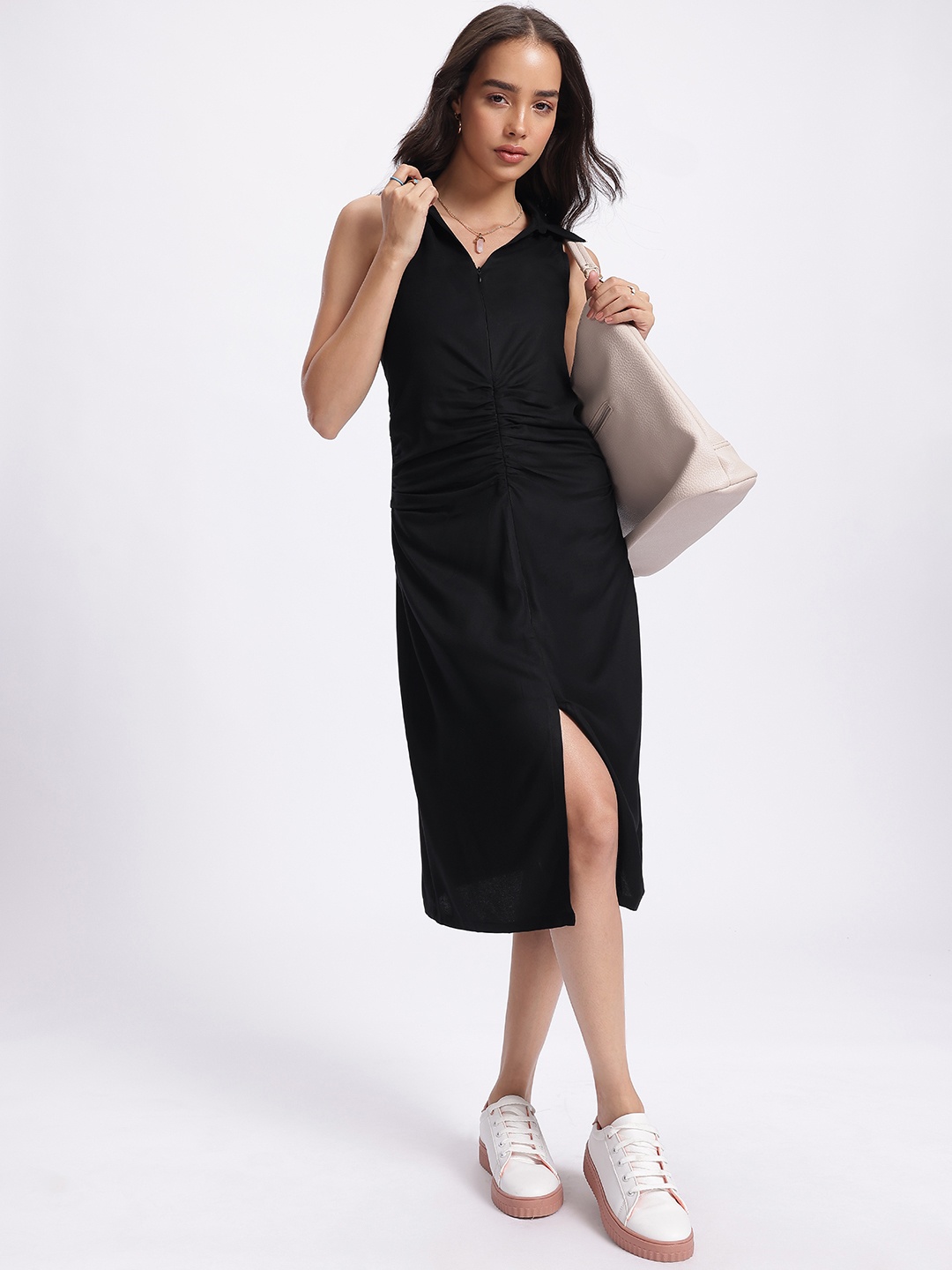 

glitchez Flirty & Feminine Ruched Front-Slit A-Line Midi Dress, Black