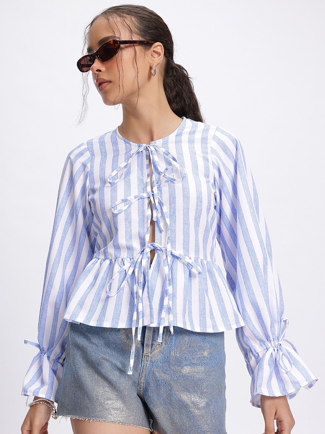 

glitchez Striped Perfection Tie-Up Front A-Line Top, Blue