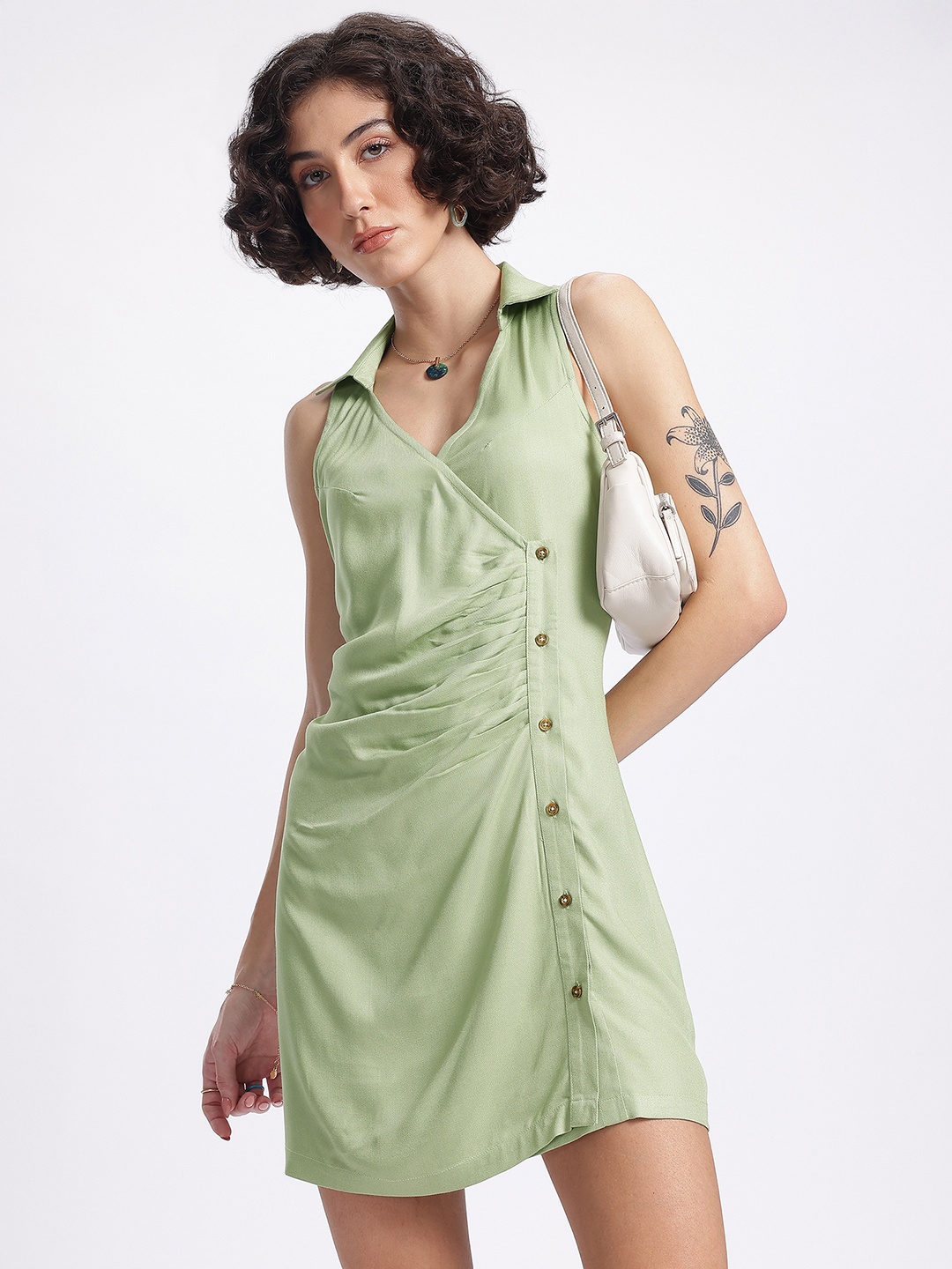 

glitchez Pastel Paradise Twill Ruched Midi Wrap Dress, Green