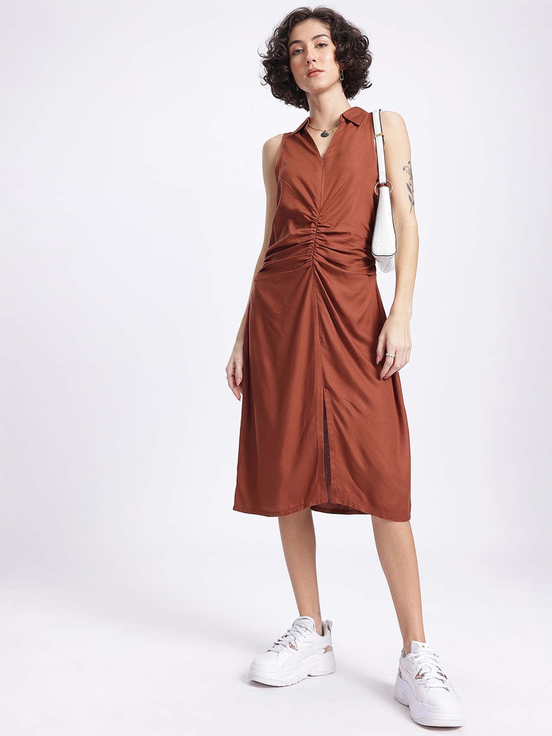 

glitchez Adorable Allure Twill Front Slit Ruched Midi Shirt Style Dress, Brown