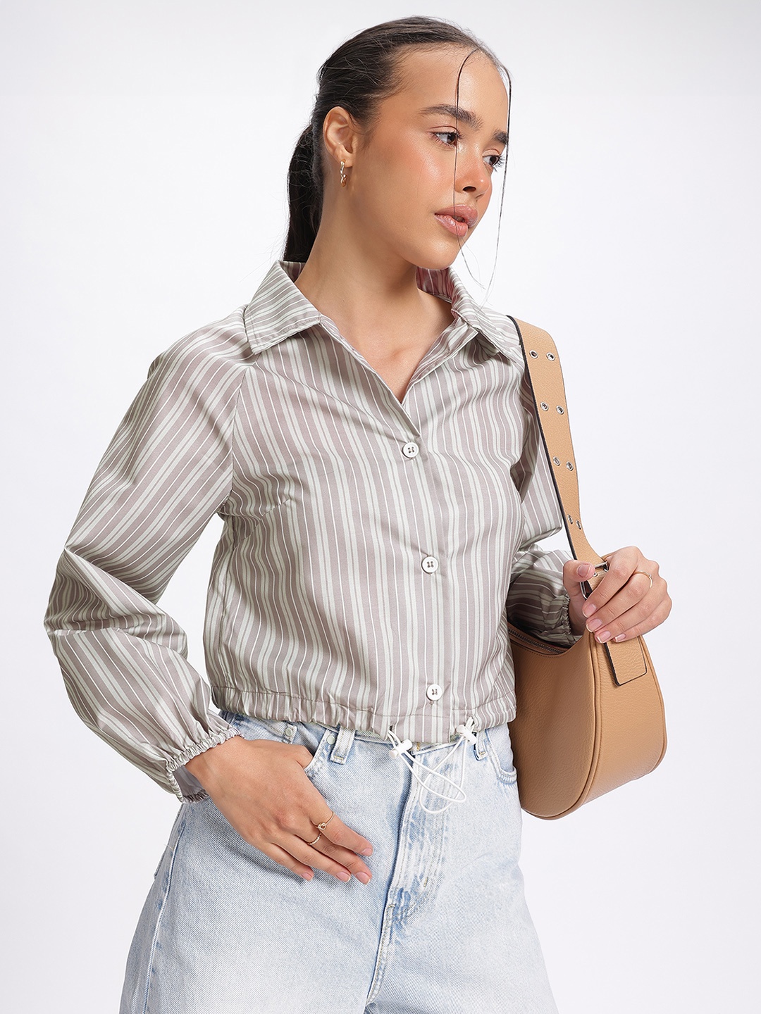 

glitchez Stripe Remix Multi-Striped Shirt-Style Top, Taupe