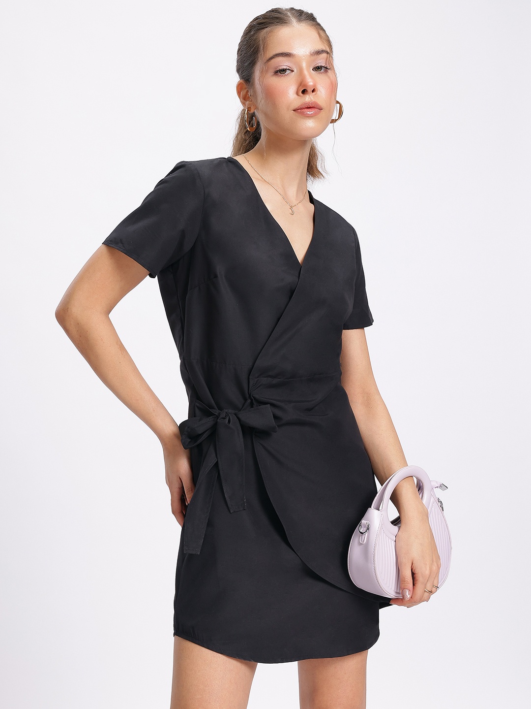 

glitchez Classic Ties Wrap Mini Dress, Black