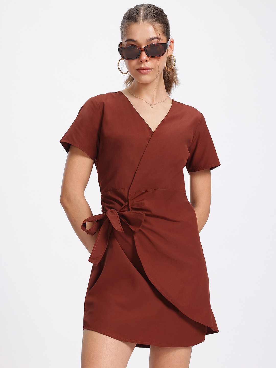 

glitchez Tied-Up Flair Wrap Mini Dress, Brown