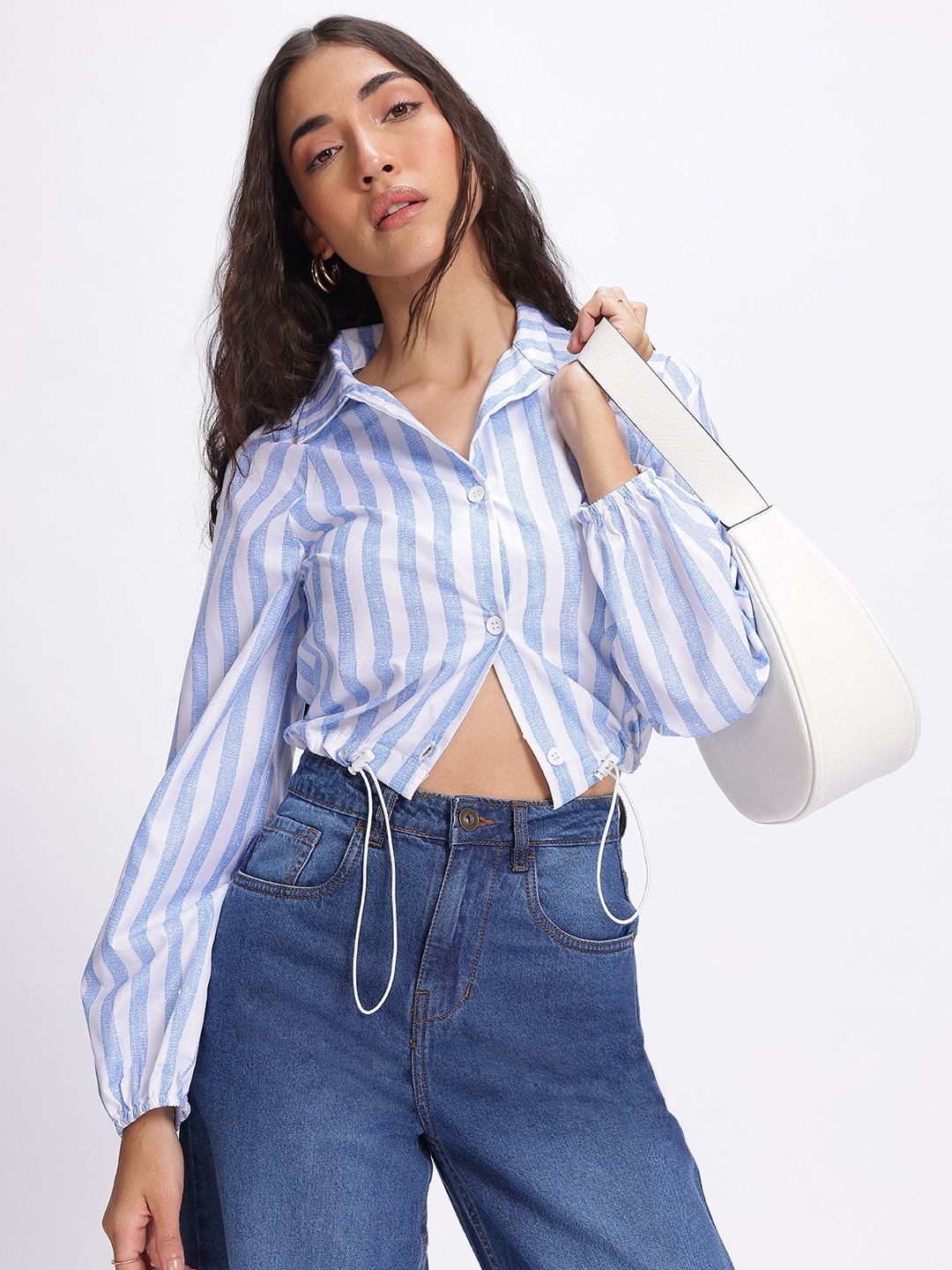 

glitchez Stripe Remix Shirt Style Top With Toggles, Blue