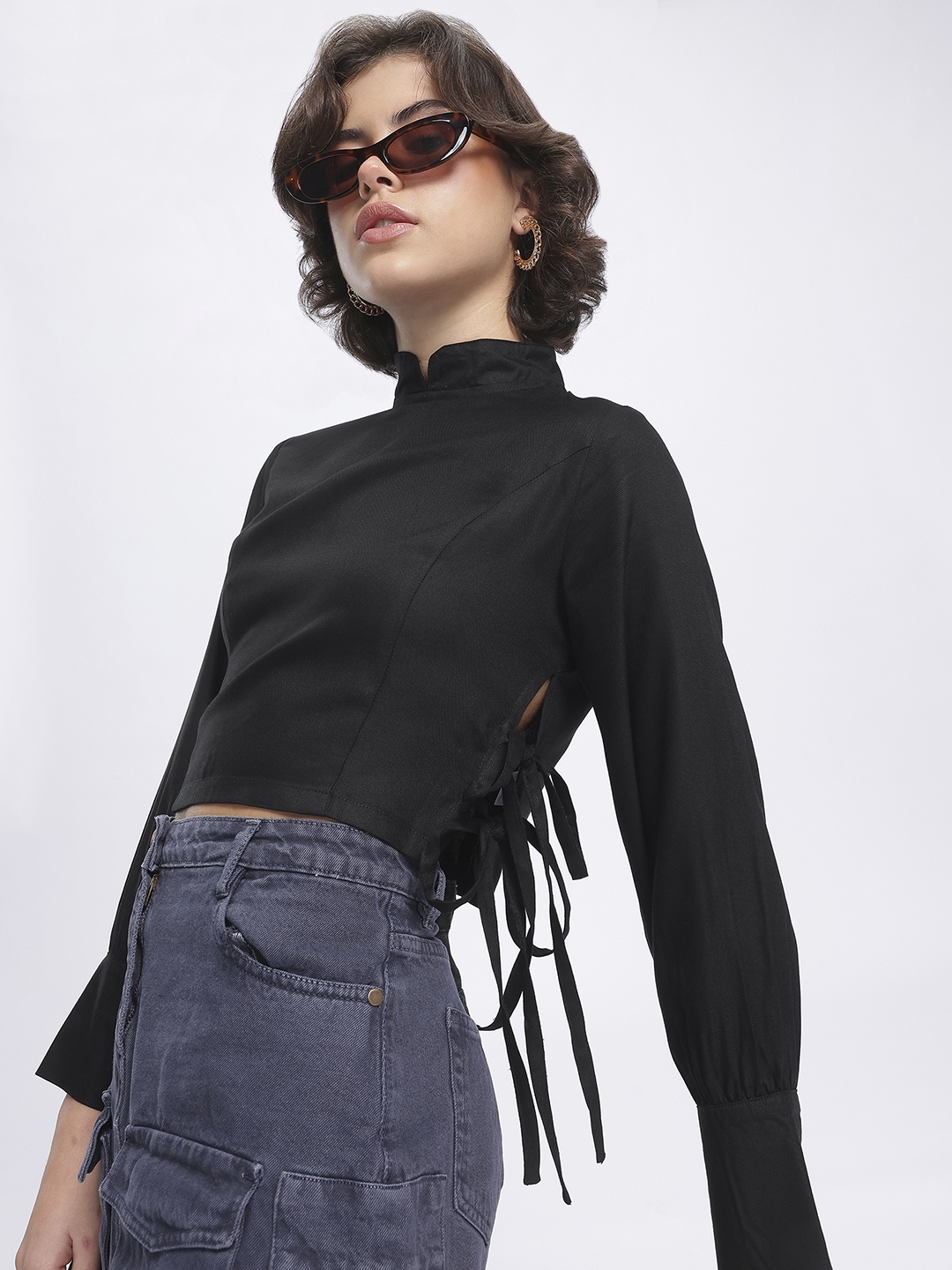 

glitchez Lace-Up Play Crop Twill High Neck Crop Top, Black