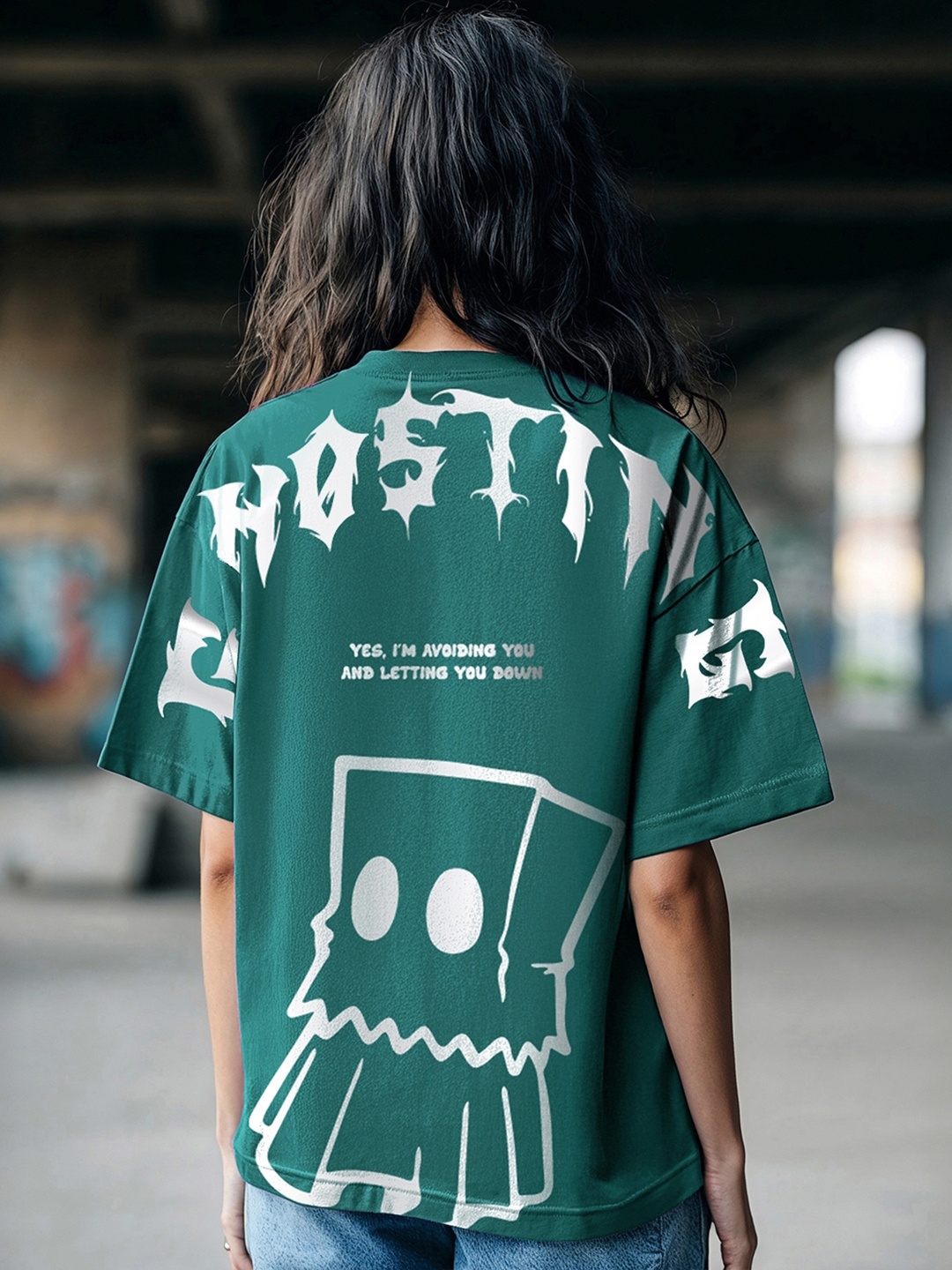 

Bewakoof Women Green Ghosting Graphic Printed Oversized T-shirt
