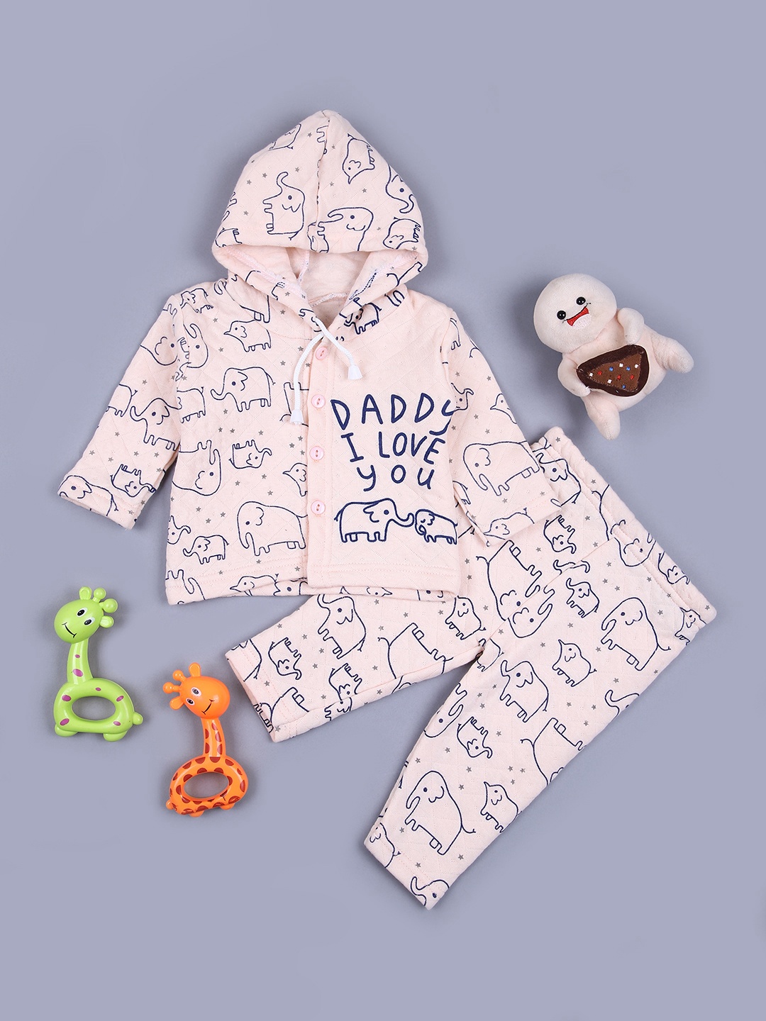 

V-Mart Kids Printed Hooded Long Sleeves Pure Cotton Sweatshirt With Trouser, Peach
