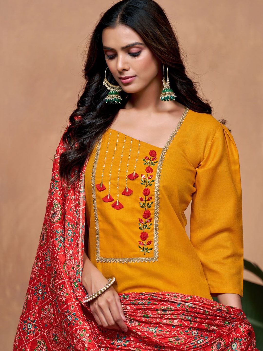 

KALINI Floral Embroidered Straight Kurta With Salwar & Dupatta, Mustard