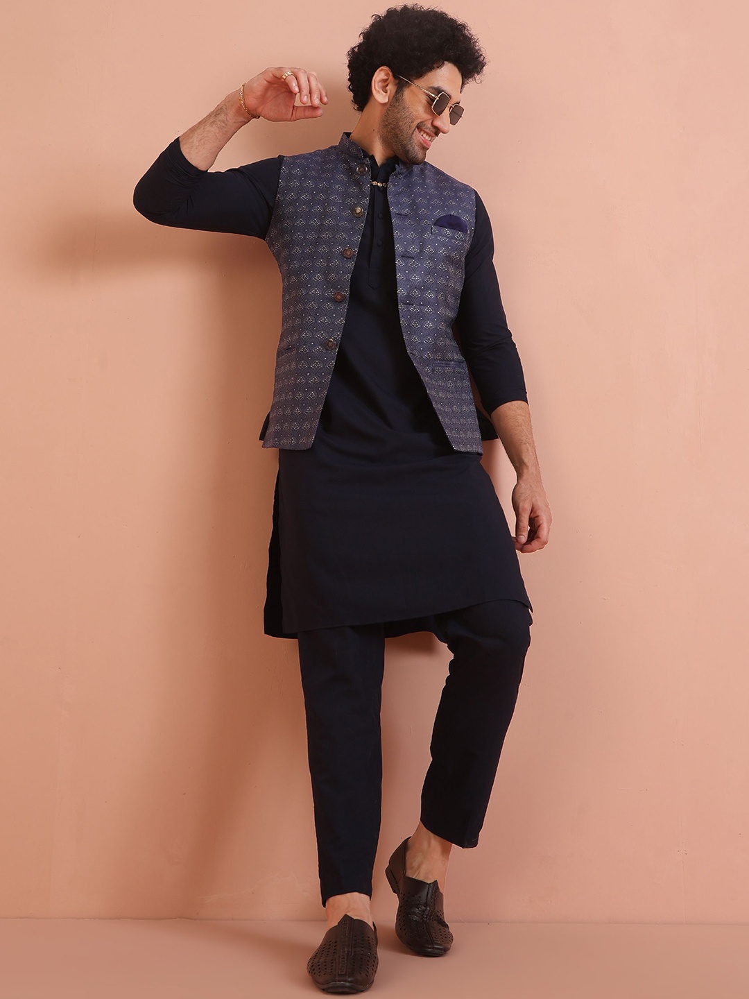 

KISAH Straight Kurta with Trousers & Embellished Nehru Jacket, Blue