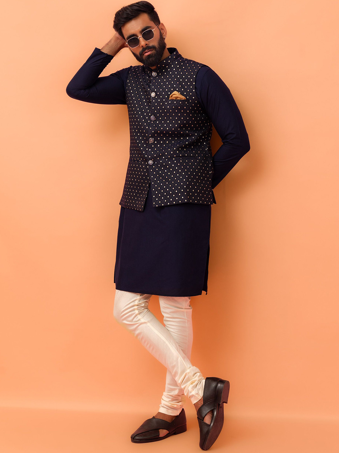

KISAH Straight Kurta with Churidar & Embroidered Nehru Jacket, Navy blue