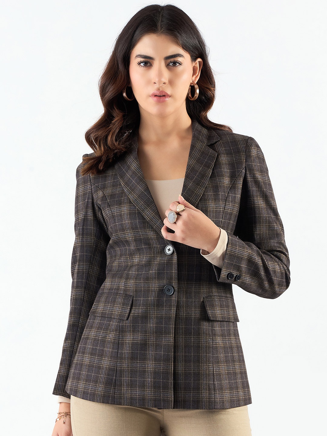 

PowerSutra Checked Notched Lapel Tailored Fit Long Blazer, Brown