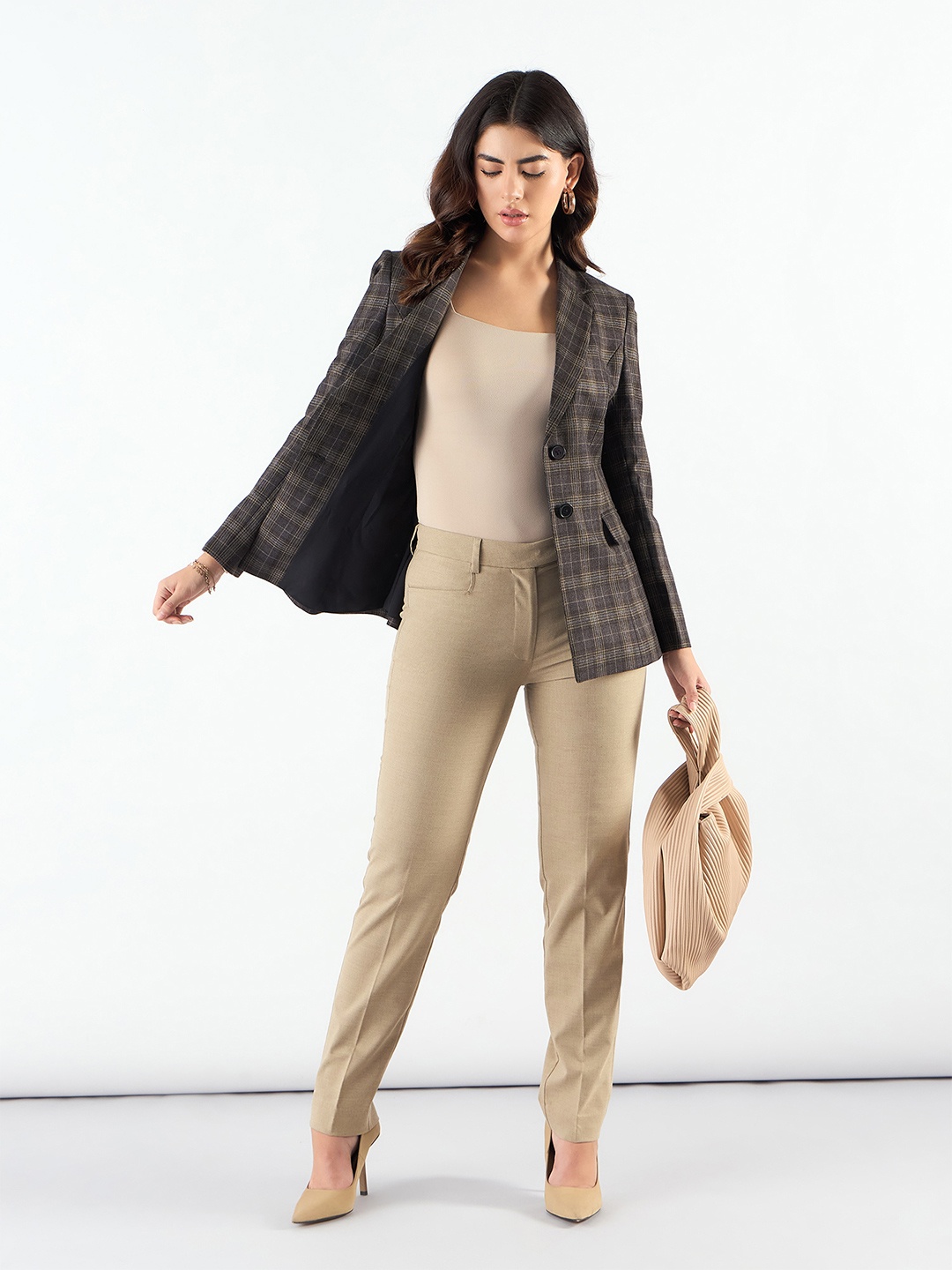 

PowerSutra Checked Notched Lapel Tailored Fit Long Blazer, Brown