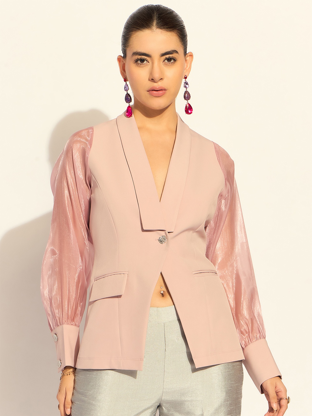 

PowerSutra Women Shawl Collar Long Sleeves Shirt Style Top, Pink