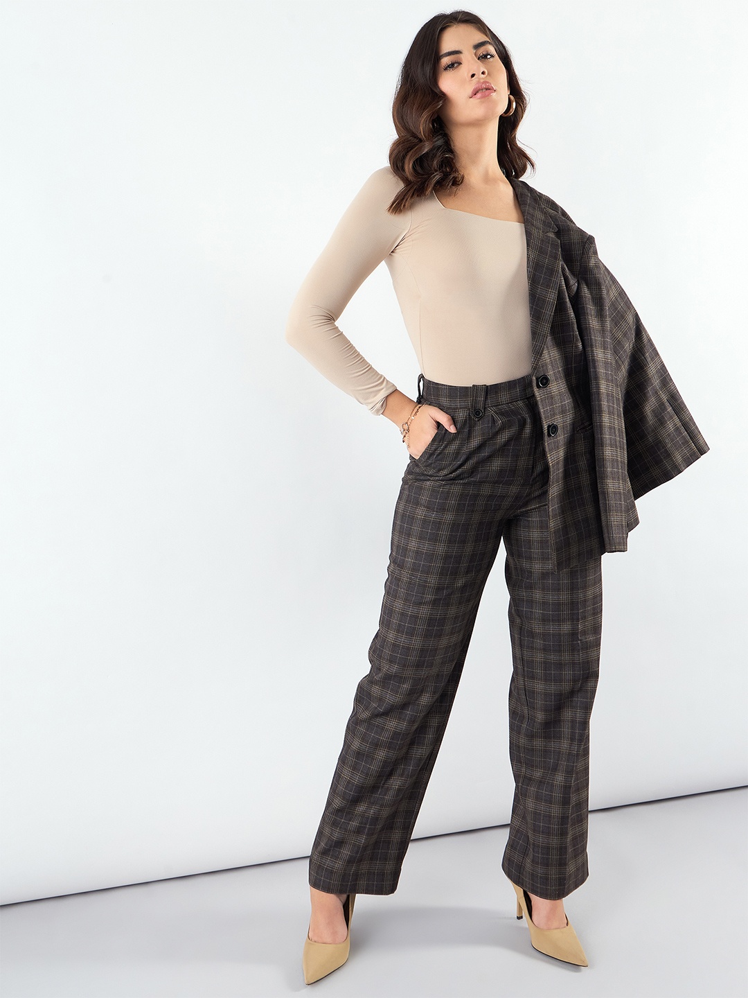 

PowerSutra Women Checked Straight Fit High-Rise Pleated Trousers, Brown