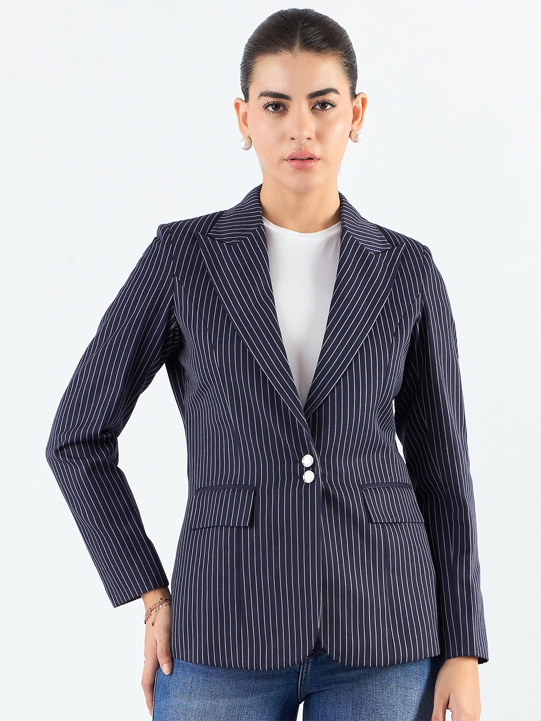 

PowerSutra Notched Lapel Single-Breasted Tailored Fit Blazer, Navy blue