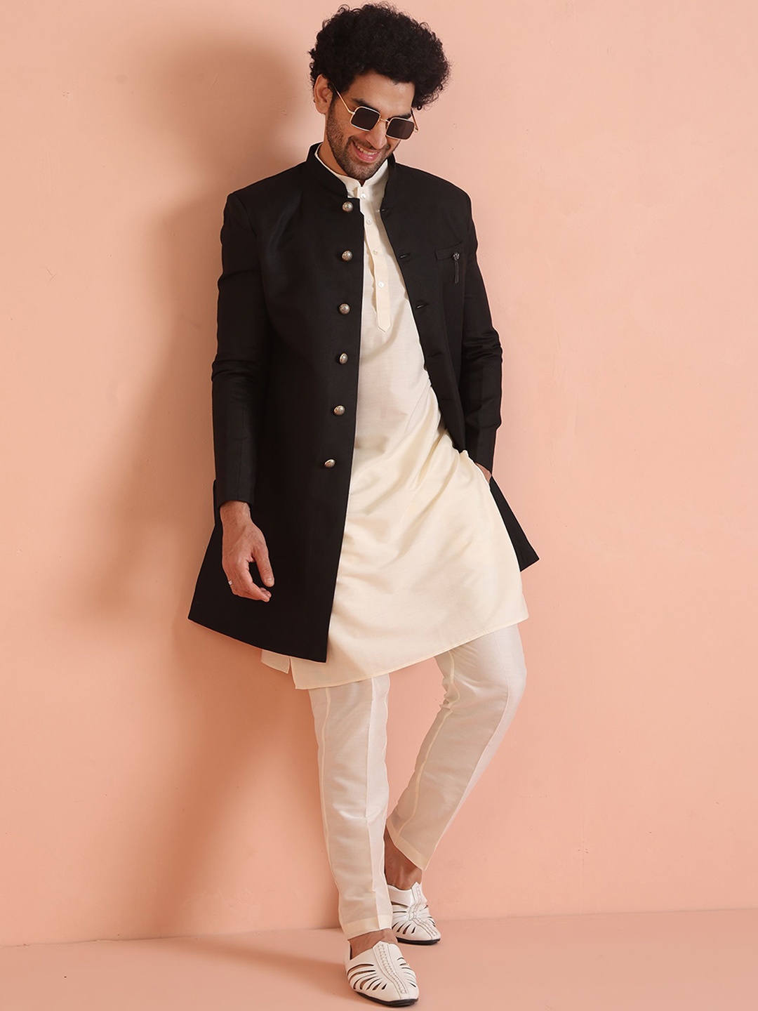 

KISAH Mandarin Collar Indowestern Silk Sherwani Churidar Set, Black