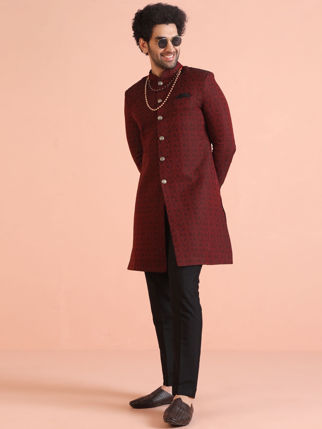 

KISAH Floral Printed Cotton Indowestern Sherwani Set, Maroon